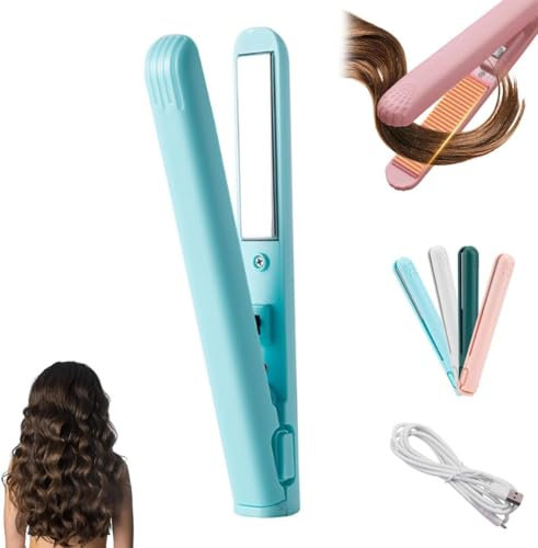 2-in-1 Mini Glätteisen, Mini Lockenstab mit Doppeltem Verwendungszweck für Kurze Haare, Reiseglätteisen für Frauen und Männer, Curling Iron Minis-Stylingtool für Glänzendes Haar (Blau)