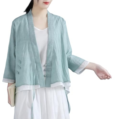 Camicia avvolgente da donna ricamata, vintage, vestibilità ampia, scollo a V, maniche a 3/4, con bottoni a rana, con laccetto in vita, aperto sul davanti, per abbigliamento casual quotidiano