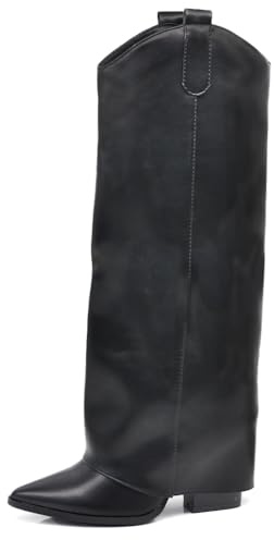 IF FASHION Stivali Alti A Punta Gambale A Ghetta Con Tacco Da Donna in Ecopelle Liscia – Stile Western Eleganti G701 Nero N.38