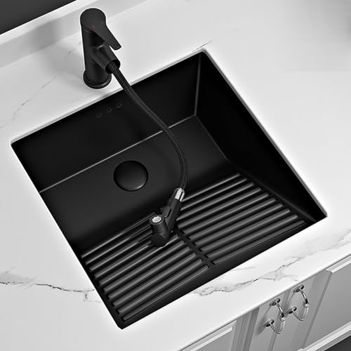 Unterbau-Waschbecken in Schwarz, Keramik-Waschbecken mit Waschbrett, quadratisches Waschbecken, Lieferung mit schwarzem Wasserhahn, Ablaufgarnitur und Befestigungsschrauben, geeignet für Balkone und W
