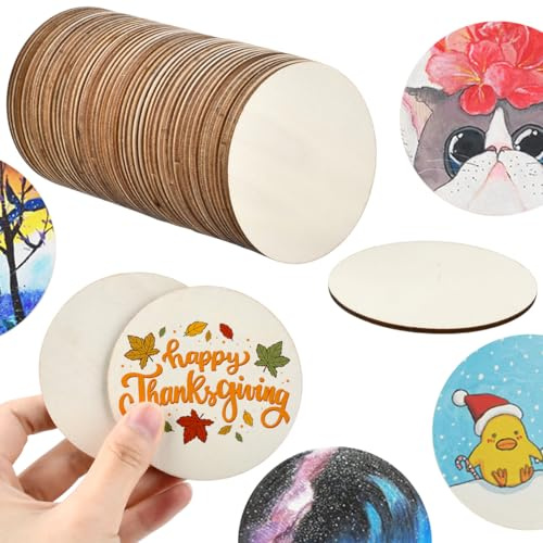50 Pack Discos de Madera Sin Acabado – 7,5 cm y 2.5 mm de Grosor - Madera Rodajas Natural en Blanco Circulo Madera para Manualidades, Posavasos, Decoraciones y Adornos del Hogar