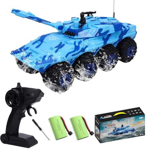 Hylukon 1:32 Scale RC Tank Toy, 2.4Ghz 8WD Amphibious All Terrain Remote Control Vehicle, 360° Rotating Crawler Car for Kids Adults, Climbing Water Land Toy (Blue 2 Batteries)