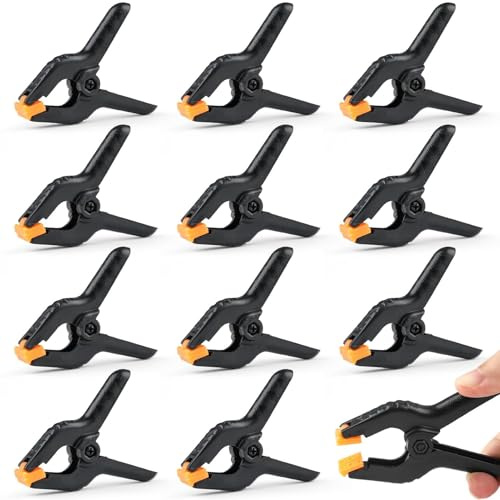 Arvoni 12 PCS 3 Inch Spring Clamps Heavy Duty, Adjustable Plastic Clamps, Adjustable Jaw Opening Spring Clips Clamps for Woodworking, Photography Studios, Outdoor, Orange