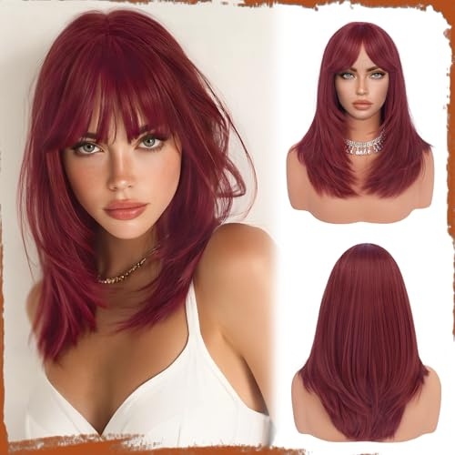 Sofeiyan Parrucca Lunga Dritto con Frangia, 40 cm Borgogna Rosso Scuro Parrucca Donna Naturale Stratificato, Parrucche Sintetica Resistente per Use Quotidiano le Feste e il Cosplay