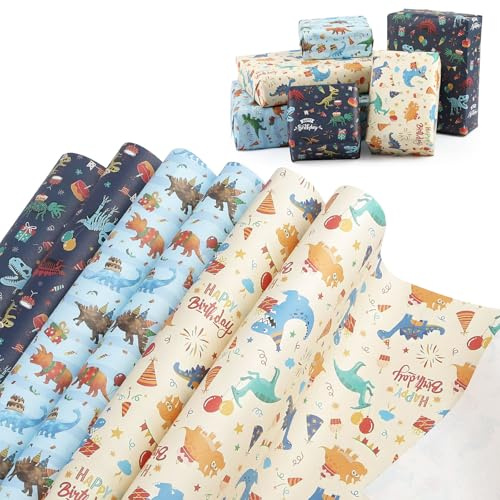 6 hojas de papel de regalo, papel de regalo de cumpleaños con diseño de dinosaurios, 70 x 50 cm, papel envoltorio para niños, para cumpleaños, baby showers, bodas, Navidad, regalo de dinosaurio