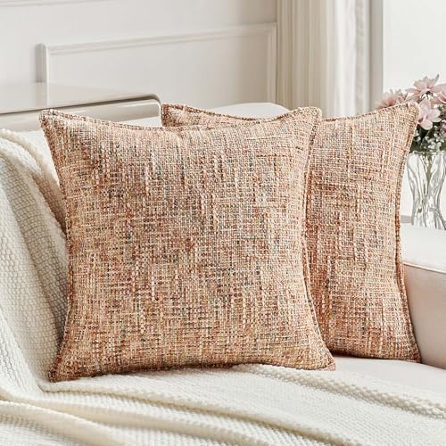 FUTEI Set of 2 Tweed Chenille Scatter Cushion Covers 45x45 cm,Rust | Checked Texture Chenille Fabric Front/Soft Velvet Back,Hidden Zipper,Machine Washable,Pilling-Resistant,Colorfast, No Filling
