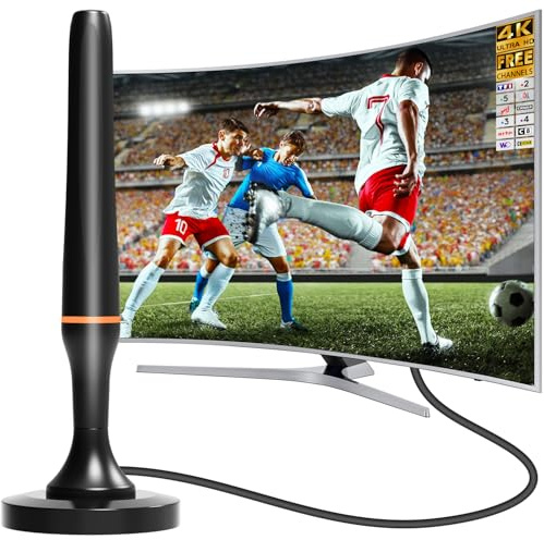 Antenne TV Intérieur Puissante, 2026 Antenne TNT Intérieur Puissante de Signal à Gain Élevé, Antenne TV Intérieure Réception 360°Longue Portée 500km, Support 4K HD/1080P Les Chaînes Gratuites (Orange)
