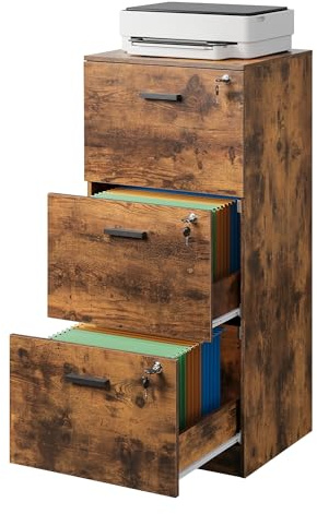DEVAISE 3 Drawer Lockable Filing Cabinet for Home Office, Office Cabinet with Lock, Printer Stand with Adjustable Hanging File Rails for A4 & Letter Files, Wooden File Storage Cabinet, Rustic Brown