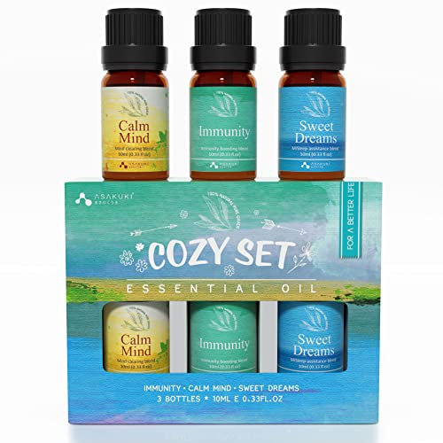 ASAKUKI Essential Oils Set, Aromatherapy Diffuser Oils Blends, 100% Natural Fragrance for Calm Mind, Sweet Dreams, Immunity, The Little Box of Cozy Gift Set 3x10mL