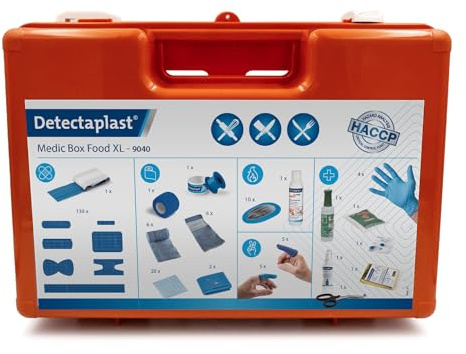 Detectaplast Botiquín para catering, botiquín para el tratamiento de heridas, portátil en maletín con tiritas, apositos, esparadrapo, 190 piezas
