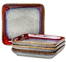 HENXFEN LEAD Small Square Plates 6.3 Inch – Ceramic Dessert, Appetizer & Snack Plates Microwave & Dishwasher Safe – Set of 4, Reactive Glaze Red