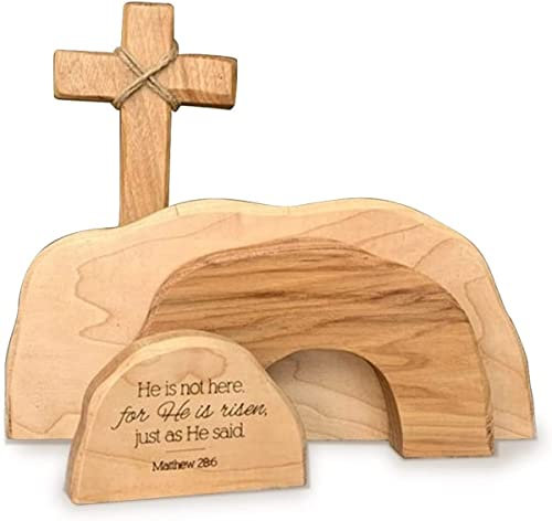 Ostern Religiöse Dekorationen Set - Leere Grab Ostern Krippe Jesus Krippe Dekor Holzkreuz leere Grabstatue Set Holz Jesus Puzzle Statue Ostern Zuhause Innendekorationen
