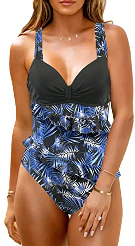 JFAN Bañadores Mujer Trajes de Baño de Una Pieza Push Up Bikini Bandeau con Volantes Bañador Mujer Reductor Barriga Hojas Navy L