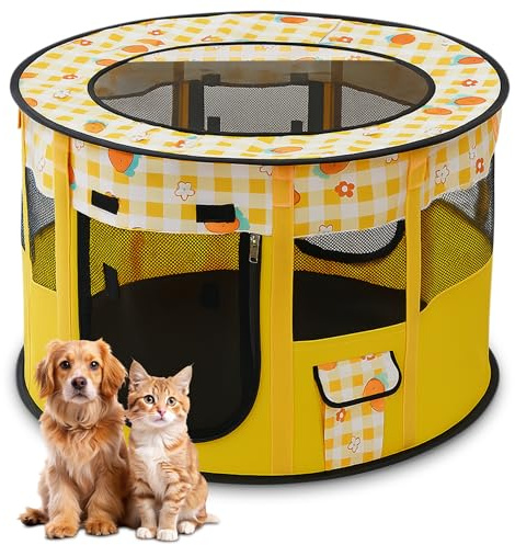 ALLSOPETS Recinto per Cani da Interno Pieghevole, Anche per Esterno, Box Traspirante Portatile per Gatti Conigli Cuccioli con Borsa da Trasporto, per Viaggi e Campeggio (Oro, L)