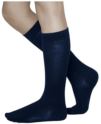 vitsocks Chaussette haute au genou COTON DOUX fine Enfant (3 PAIRES) filles garçons montante longue unie mi-bas couture plate, bleu marine, 31-34