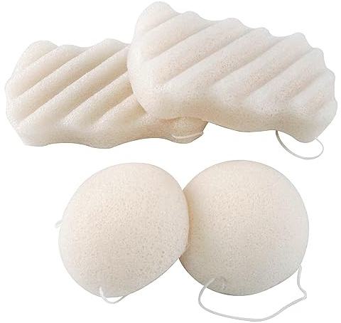Spunspon Konjac Exfoliating Organic Facial Sponge Set | Gentle Daily Face Scrub/Skincare | Super Soft Body Cleansing Sponge for Shower, Safe for Baby Bathing, Half Ball + Rectangle (4 Pack, White)