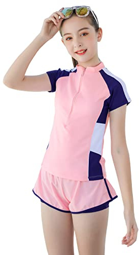 Traje de baño para niñas, Traje de baño Rashguard de Dos Piezas para niños, Pantalones Cortos de Playa de baño de Secado rápido tamaño 6-7,8,10-12,14-16(Rosa,14-16)
