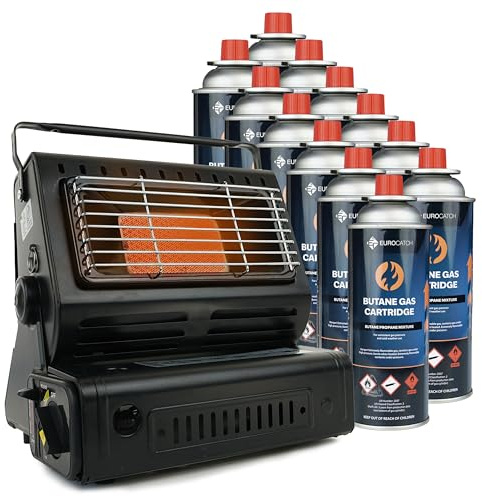 Eurocatch Calefactor de gas - Incl. 12 Bombonas de gas - Estufa - Calentador de patio - Calentador Portátil - Ajustable - Butane