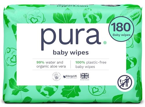 Pura Flushable Baby Wipes - 18 x 60 per pack (1080 Wipes) 100% Plastic Free, 99% Water, Biodegradable, Compostable, Vegan, Monthly Pack, Suitable for Sensitive & Eczema Prone Skin