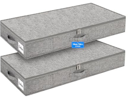 Huquter Low Under Bed Storage Box with Lid, 2 Pack 12 CM Tall Low Underbed Storage Boxes with Sturdy Side & Bottom Support, Fabric Thin Shallow Under Bed Sofa Storage Organiser Bags for Clothes Duvets