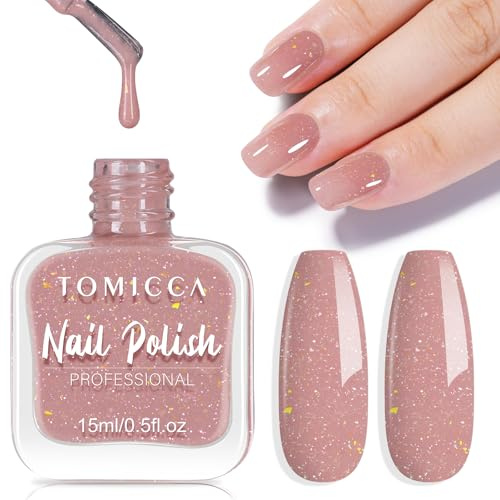 TOMICCA Glitter Nail Polish, 15ML Nude Pink Shimmer Nail Polish, Breathable Vegan Nail Varnish Non-toxic Environmental & Healthy, DIY Manicure Decorations