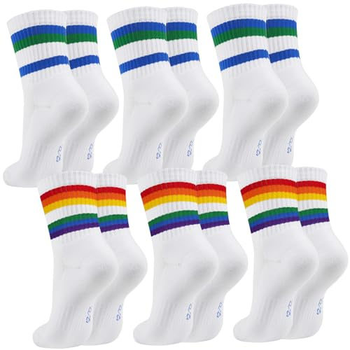 Vicloon 6 Pares Calcetines de Tenis para Mujer, Calcetines Rayas de Deporte Retro, Transpirables y Confortables, Calcetines Blancos de Tenis, Mid-Cut Socks para Diario y Deporte (Talla: 40-45)