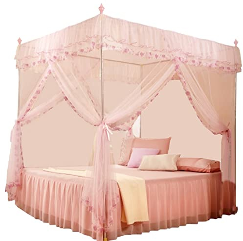 Culnflun Princesa de lujo Cuarto Poste Cortinas de cama, 120mm/150mm, Cama Cornisa Encaje de lujo Encaje 3 Puertas Mesh, Lindo Encaje Princesa Estilo Cómodo Dormir Rosa Amarillo S L Dormitorio (120 *