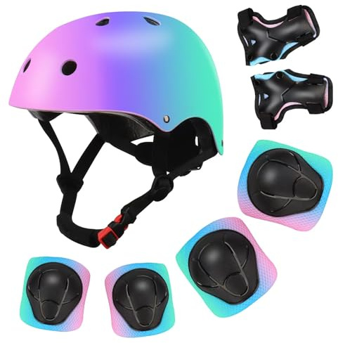 Color Gradient Adjustable Kids Bike Helmet with Knee & Elbow Pads Set | Multi-Sport Safety Gear for Boys & Girls Ages 5-14 | Skateboarding, Scooters, Roller & Inline Skating, Longboarding