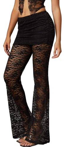 TZLDN Pantalones de encaje para mujer con falda, transparentes, para festivales, fiestas, discoteca, sexy, gótico, rave, Negro , S