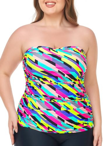 Ocean Blues Tankini bandeau sans bretelles pour femme - Contrôle du ventre - Haut de maillot de bain uniquement, Rayures fluo, XL