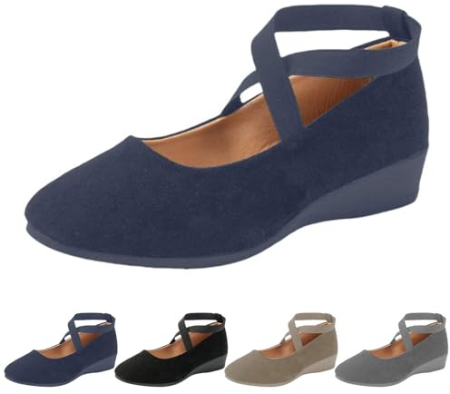 UK 6 Womens Low Wedge Ballerina Ankle Elastic Crossing Strap Round Toe Comfy Pump Shoes Comfy Dolly Shoes for Ladies A0_Blue Clearance