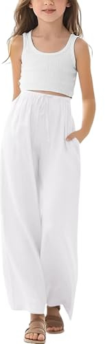Mjjsk Pantalon ample pour fille - Style décontracté - Élastique - Taille haute - Respirant - Élégant - Léger - Doux - Vacances - Poches, Y1-1-Blanc, 12-13 ans