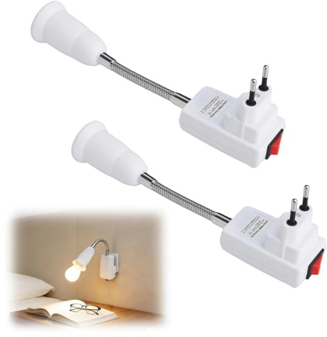 HENGBIRD Set da 2 Lampada Presa con Portalampada E27 Flessibile – Adattatore E27 con Presa Europea 20 cm, Lampada Orientabile 360°, Plastica PBT Resistente al Calore per Lampadina LED