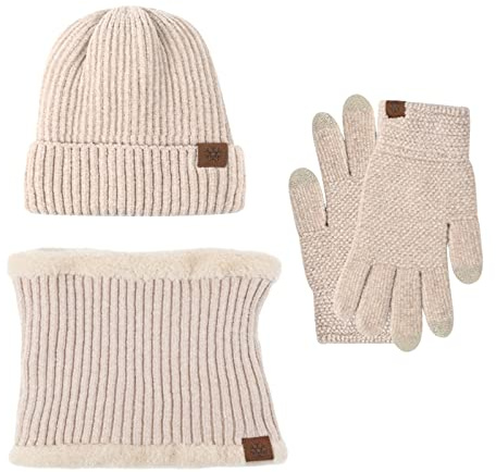 Vinter halsduk hatt & handskar set hatt halsduk handskar set varm stickad halsvärmare ull termisk keps utomhus sport skidvantar män kvinnor kallt väder accessoarer kläder, BEIgE, one size