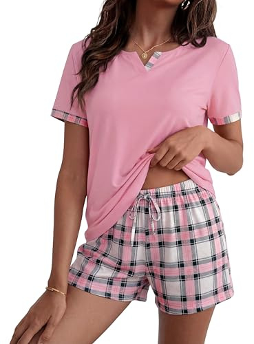 Leversic Ladies Pjs Short Sleeve Plaid Pyjama Set Notch Neck Sleepwear Set | Contrast Trim Summer Nightwear Plain Color Pajama Top With Checked Tartan Pajama Bottom Shorts Plus Size S-XXL