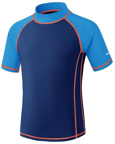 Kinder UV Shirt Kurzarm Jungen Badeshirt UPF 50+ Sonnenschutz Schwimmshirt Rashguard mit Reflektorstreifen Schnelltrocknend Chlorresistent Blau 9-10 Jahre