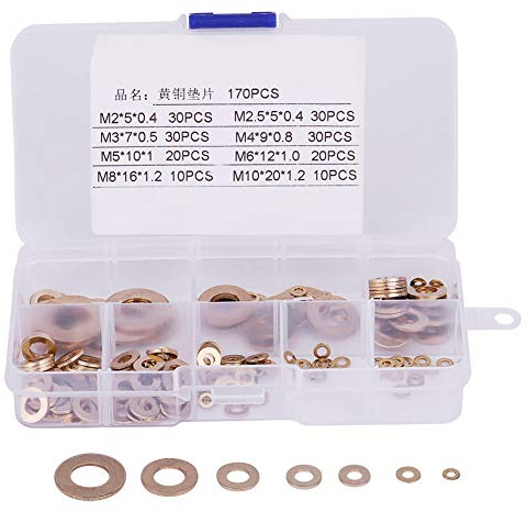180pcs Flat Brass Washer Set, Metric Copper O Ring Assortment Flat Sealing Ring Assorted Set Professional Hardware with Storage Box