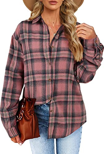 Women's Long Sleeve Plaid Shirts Flannel Collared Button Down Shacket Casual Rolled Up Boyfriend Blouse Tops Pink