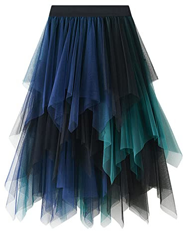Damen Tüll Röcke High Low Layered Faltenrock Midi Rock Asymmetrisch Karnevalsrock Elegant Weich Knielang Puffy Fee Röcke