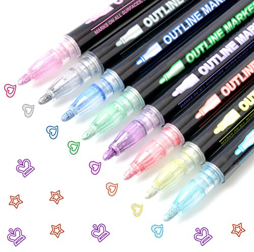 Double Line Outline Pens, 8 Colours Shimmer Metallic Markers Glitter Pens