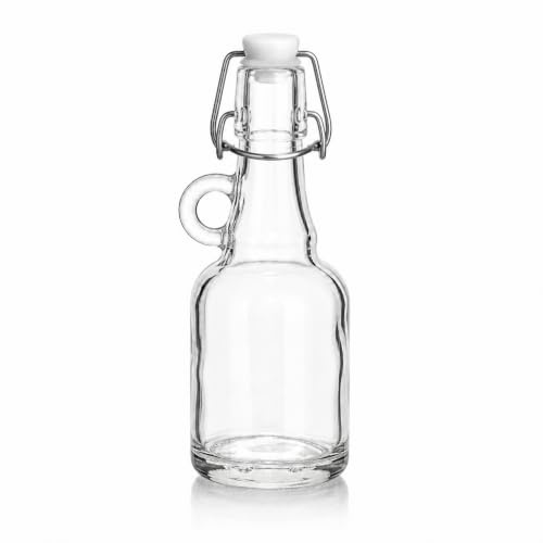 gouveo Lot de 24 Mini-Bouteilles en Verre 40 ml avec Anse et Bouchon à Vis – Bouchon à Vis en Fil de Fer avec Joint – Mini Bouteille en Verre Transparent avec Anse pour Liqueur, Eau-de-Vie, Sirop