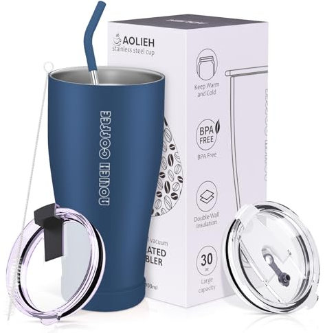 Aolieh 30OZ Thermobecher mit Stroh, Kaffeebecher to go mit 2 Deckeln, Isolierbecher aus Doppelwandiger Edelstahl Vakuum, Kaffeetasse für Heißer und Kalter Getränke 850ML