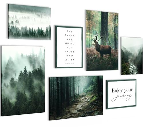 Novart Wandbilder Wald Hirsch - KOMPLETT AUFHÄNGFERTIG - Natur Grün Wohnzimmer Schlafzimmer Flur - 7 Moderne Mood-Bilder - N004672a