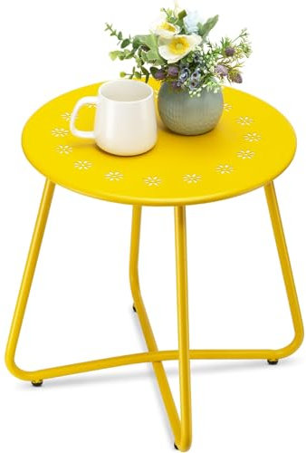 danpinera Outdoor Beistelltische mit Blumenausschnitten, Wetterfester Stahl Patio Beistelltisch, Kleiner Runder Outdoor Beistelltisch, Metall Beistelltisch für Patio, Hof, Balkon, Garten, Gelb