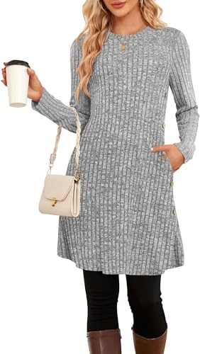 SENBATU Women Dresses Casual Crew Neck Jumper Dress for Women UK Knitted Midi Dress with Pockets Light Gray X-Large
