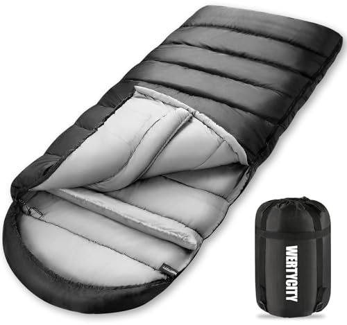 WERTYCITY 0 Degree Sleeping Bag for Adults, XXL Big and Tall 4 Season Cold Weather Winter Camping with Compression Sack(Black)