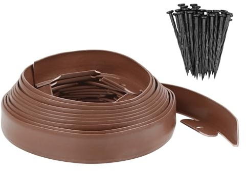 M METERXITY Borde de Jardín - 20 Pies Borde de Jardinería de Plástico con 18 PCS Púas para Parterres/Césped/Patio (20FT x 1.57IN, Marrón Oscuro)