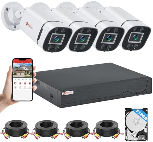 AIWIXEN 8CH H.265+ 3K Lite trådbundet CCTV-säkerhetskamerasystem med mänskligt fordonsdetektion, 4 x IP68 5 MP övervakningskamera för inomhus utomhus, 512 GB hårddisk för 24-7 inspelning, fjärråtkomst