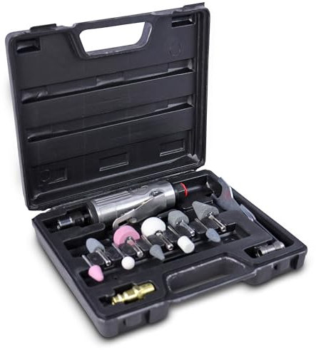 ENVA Jeu de ponceuses pneumatiques 16 pièces. Mini meuleuse pneumatique 25000 tr/min Mini kit de meuleuse à tige avec mandrin, pierres à meuler, clé & raccord d'air comprimé Ponçage précis