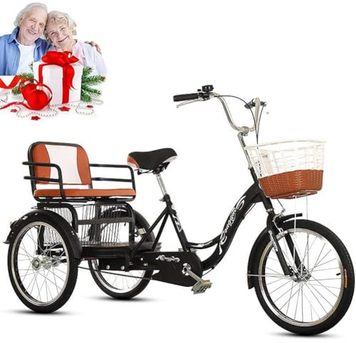 Vuxentrehjulingar För Seniorer,20På Vuxentrehjulingar Med Stor Korg Och Baksäte,Tandem 3-Hjulskryssarcykel,1-Växlad Trehjulig Cykel,Trehjulig Cykel För Shopping/Picknick/Utomhussporter (Svart)